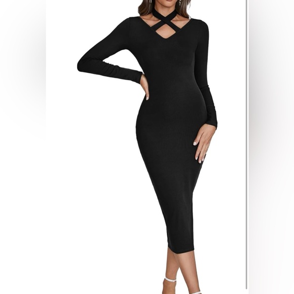 Dresses & Skirts - Women's Long Sleeve Crisscross Halter V-Neck Bodycon Split Midi Dress